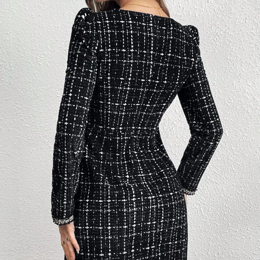 Black Preppy Womens Women's Puff Sleeve Checked Short Dress - Picture 4 of 5